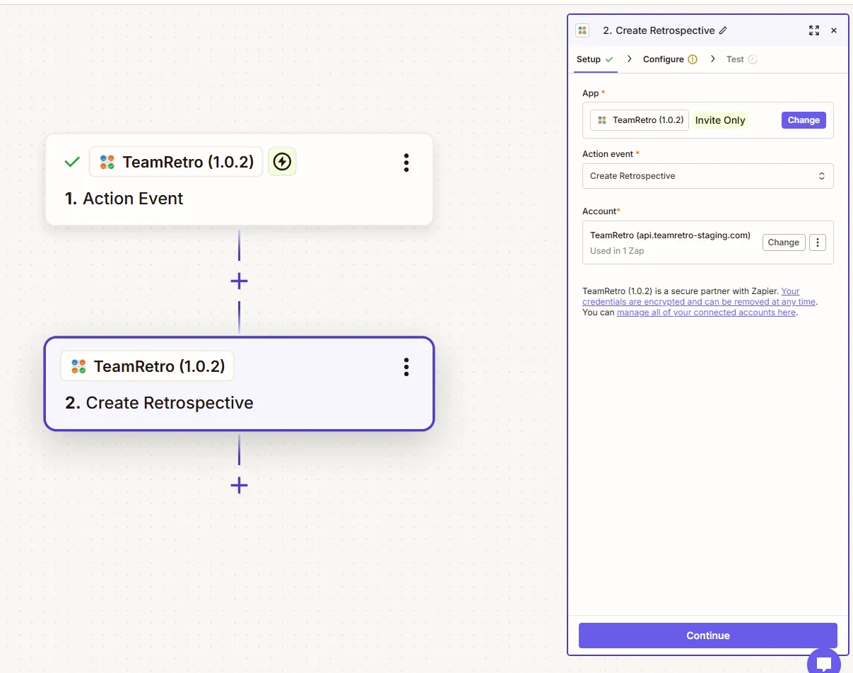 A two-step Zap in the editor: a TeamRetro trigger followed by an action step being set up