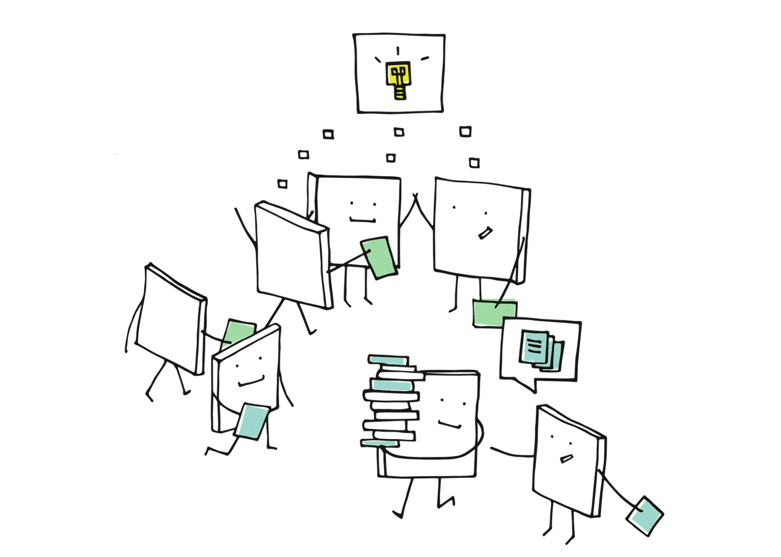 Hand-drawn sticky-note characters gathered in a circle holding colored cards, one carrying a stack of books, beneath a lightbulb