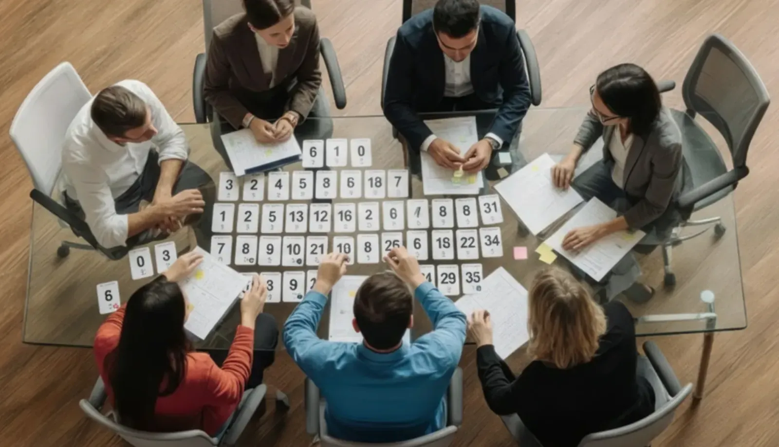 Overhead view of eight people around a glass table covered in numbered estimation cards and printed notes