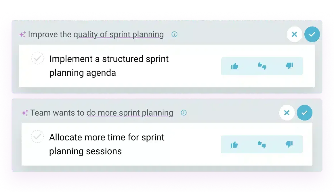 AI-suggested actions based on a health check meeting in TeamRetro
