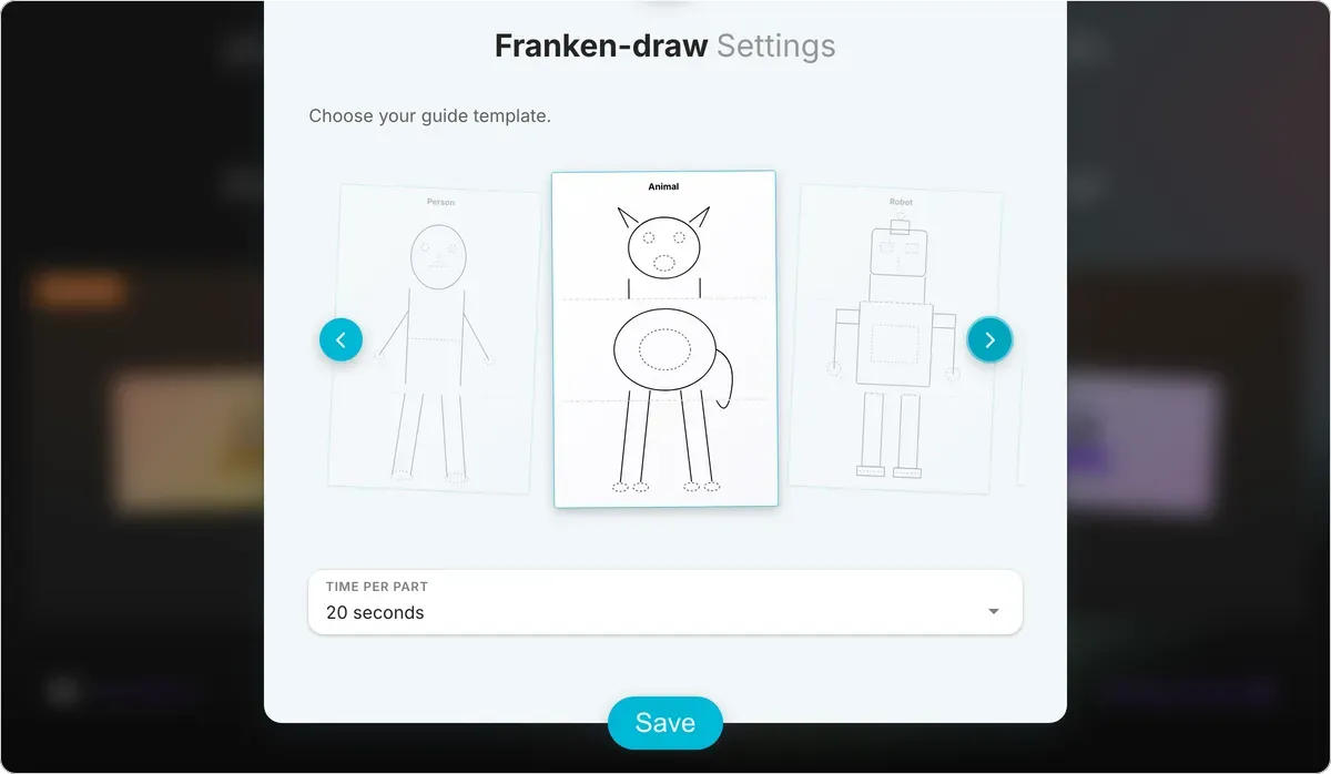 Franken-draw on games.teamretro.com, setting up: the host choosing the Animal guide template from a carousel of creatures (person, animal, robot), with a time-per-part setting below