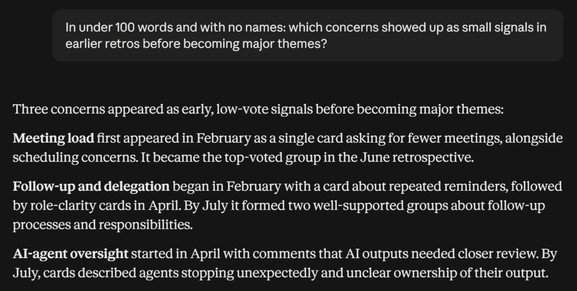 Claude, connected to TeamRetro over MCP, describing which concerns appeared as small signals in earlier retrospectives before becoming major themes