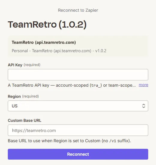 The Zapier connection dialog for TeamRetro, asking for an API key and a US or EU region