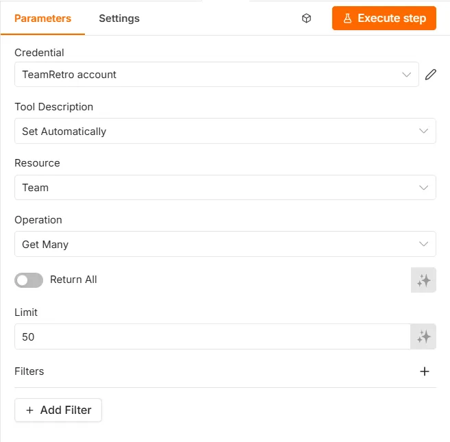 A TeamRetro node in n8n with the TeamRetro account credential connected