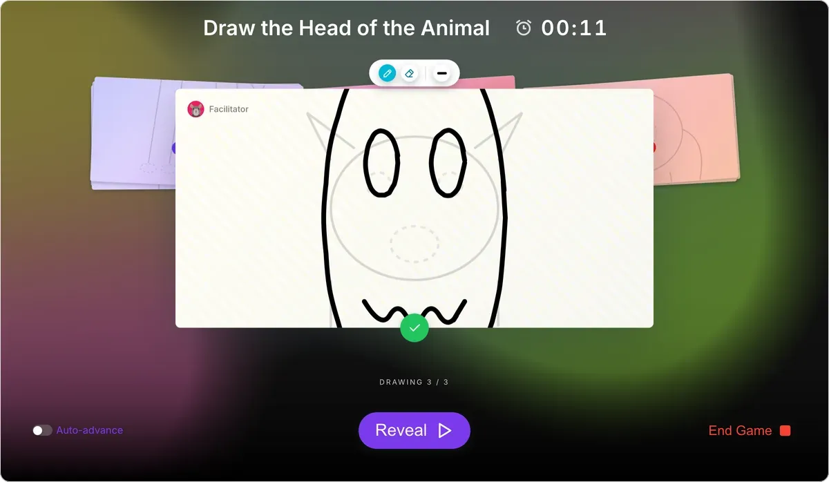 Franken-draw on games.teamretro.com, drawing: one player's canvas for the head of the animal, with the other players' hidden parts stacked behind it and a timer for the part