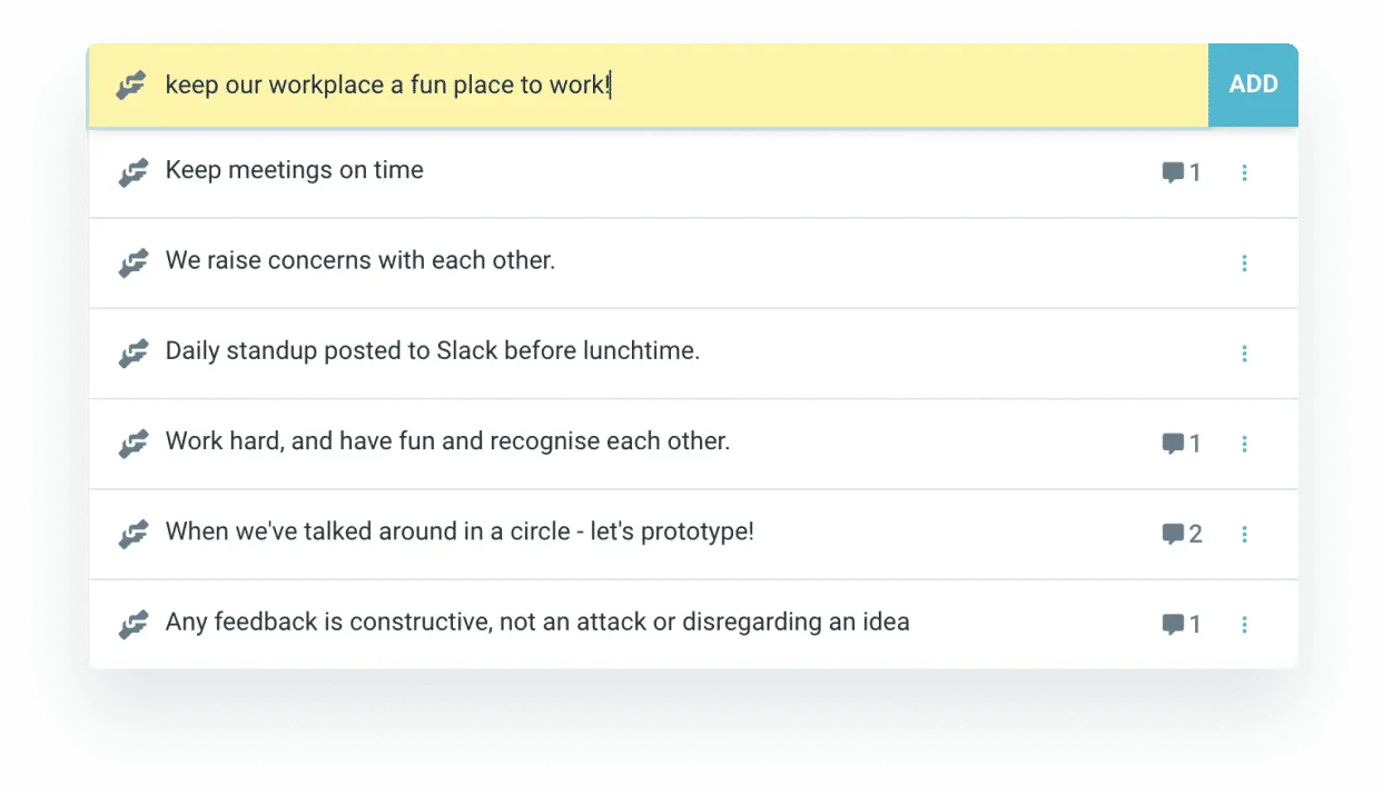 Team agreements captured in TeamRetro to build team culture