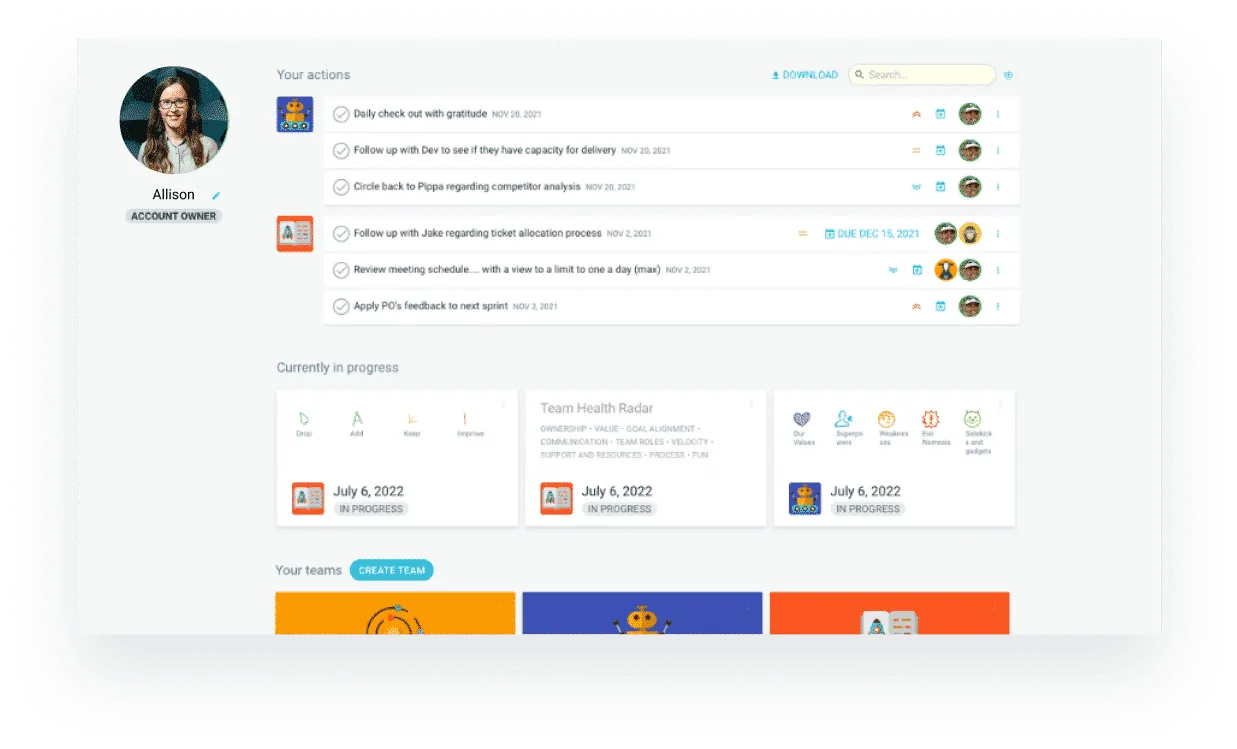 Personal dashboard showing actions, open meetings and teams in TeamRetro