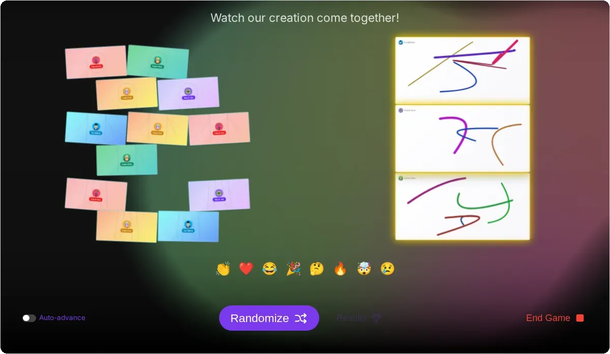 "Franken-draw" op games.teamretro.com, bij de onthulling: het getekende deel van elke speler, samengevoegd tot één wezen