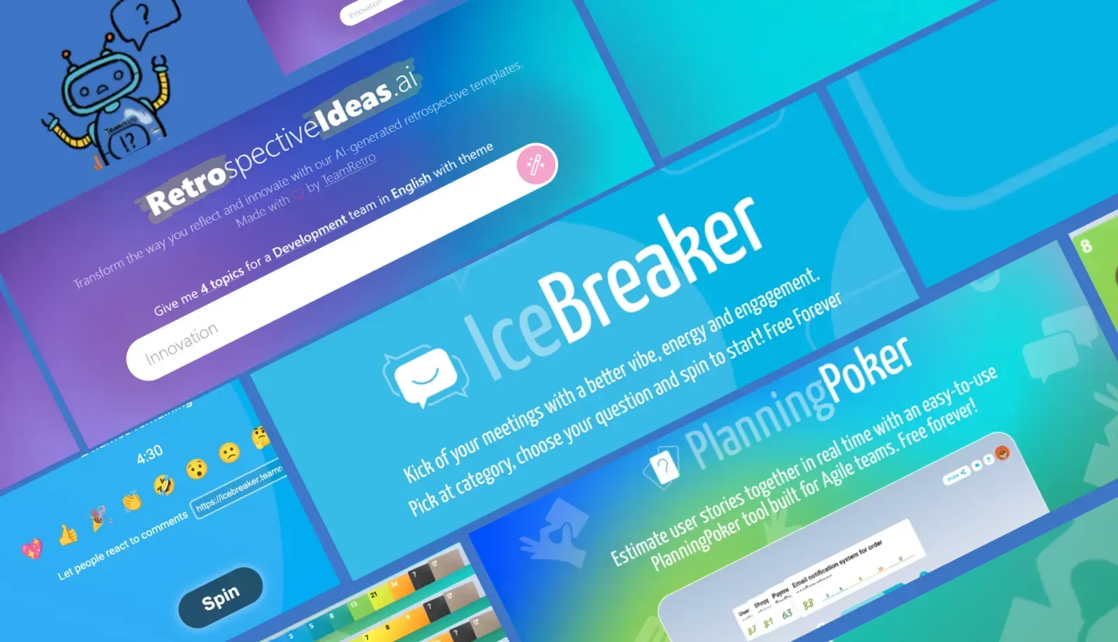 Feature image for icebreaker, planning poker, and retrospective tools