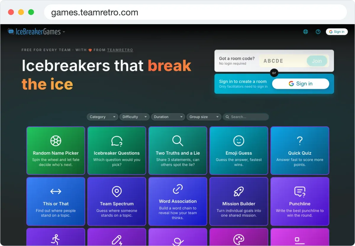 La pagina iniziale di games.teamretro.com: una griglia di giochi gratuiti per il rompighiaccio, un riquadro per partecipare utilizzando un codice di accesso alla stanza e un'area di accesso tramite Google per l'organizzatore