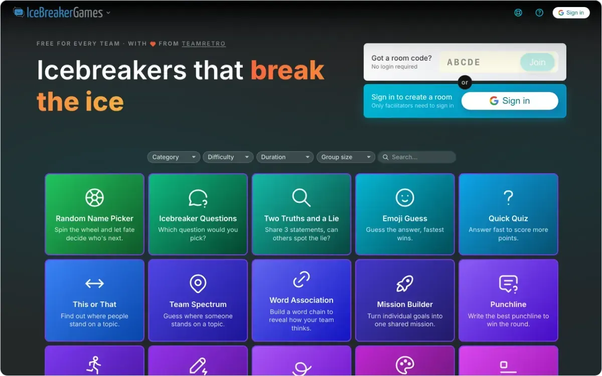 The games.teamretro.com home page: a grid of free icebreaker games, a box to join with a room code and a Google sign-in for the host