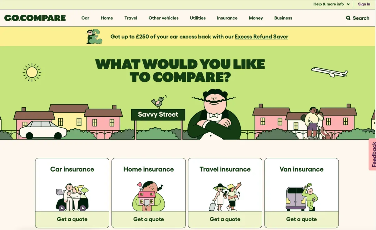 Capture d'écran de la page d'accueil du site Web GoCompare présentant l'outil de comparaison et l'interface de recherche