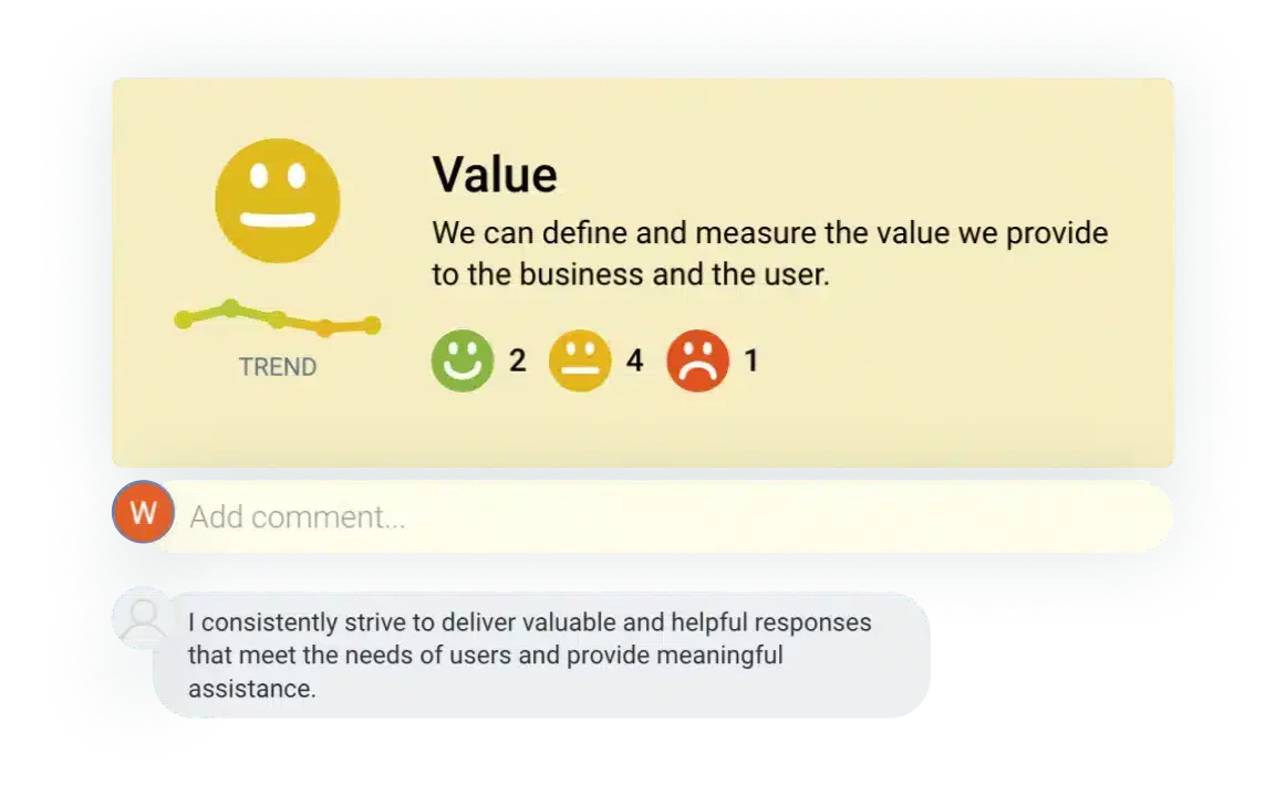 Comments, reactions and replies on a health check rating in TeamRetro