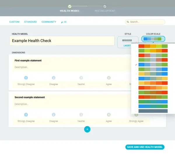 TeamRetro custom health model builder with Likert-style example statements and a color scale picker open