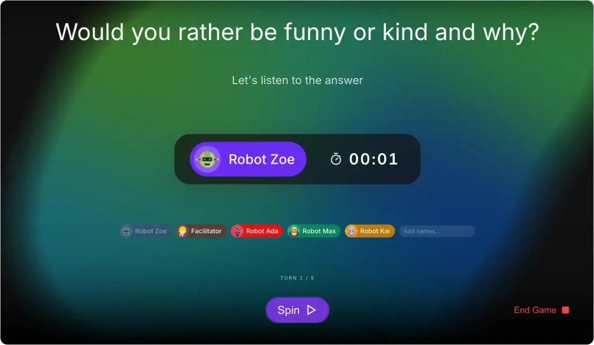 Icebreaker Questions on games.teamretro.com, mid-round: a question on screen, the person picked to answer and a timer