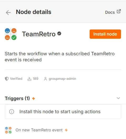 The verified TeamRetro node in n8n's nodes panel with the Install node button