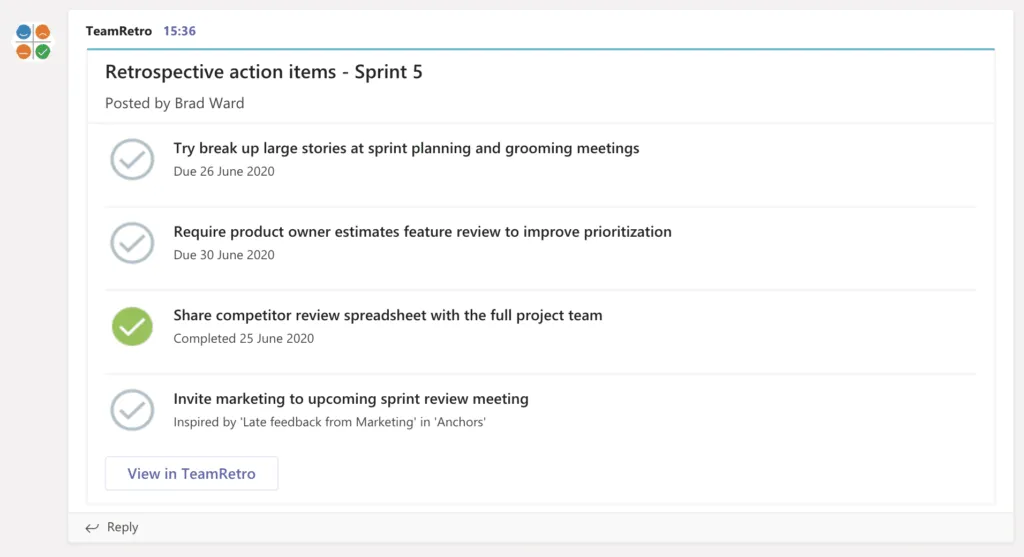 Ações a serem realizadas na retrospectiva do Microsoft Teams