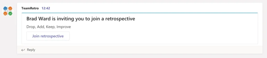 Convite para a retrospectiva do Microsoft Teams