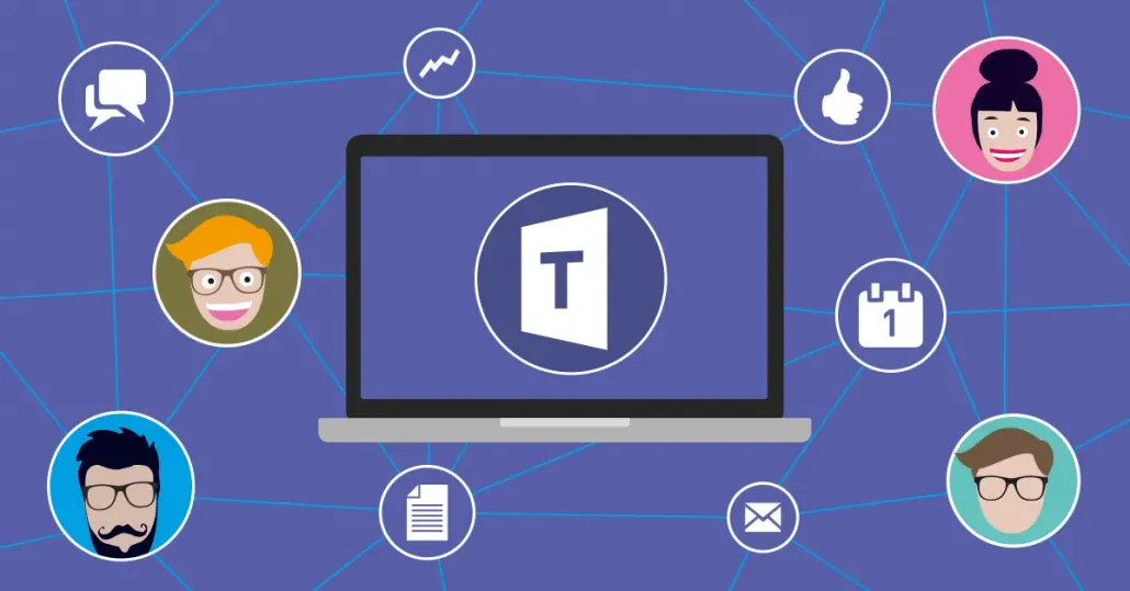 Illustration of a laptop showing the Microsoft Teams logo, connected to chat, calendar, email and team member avatar icons