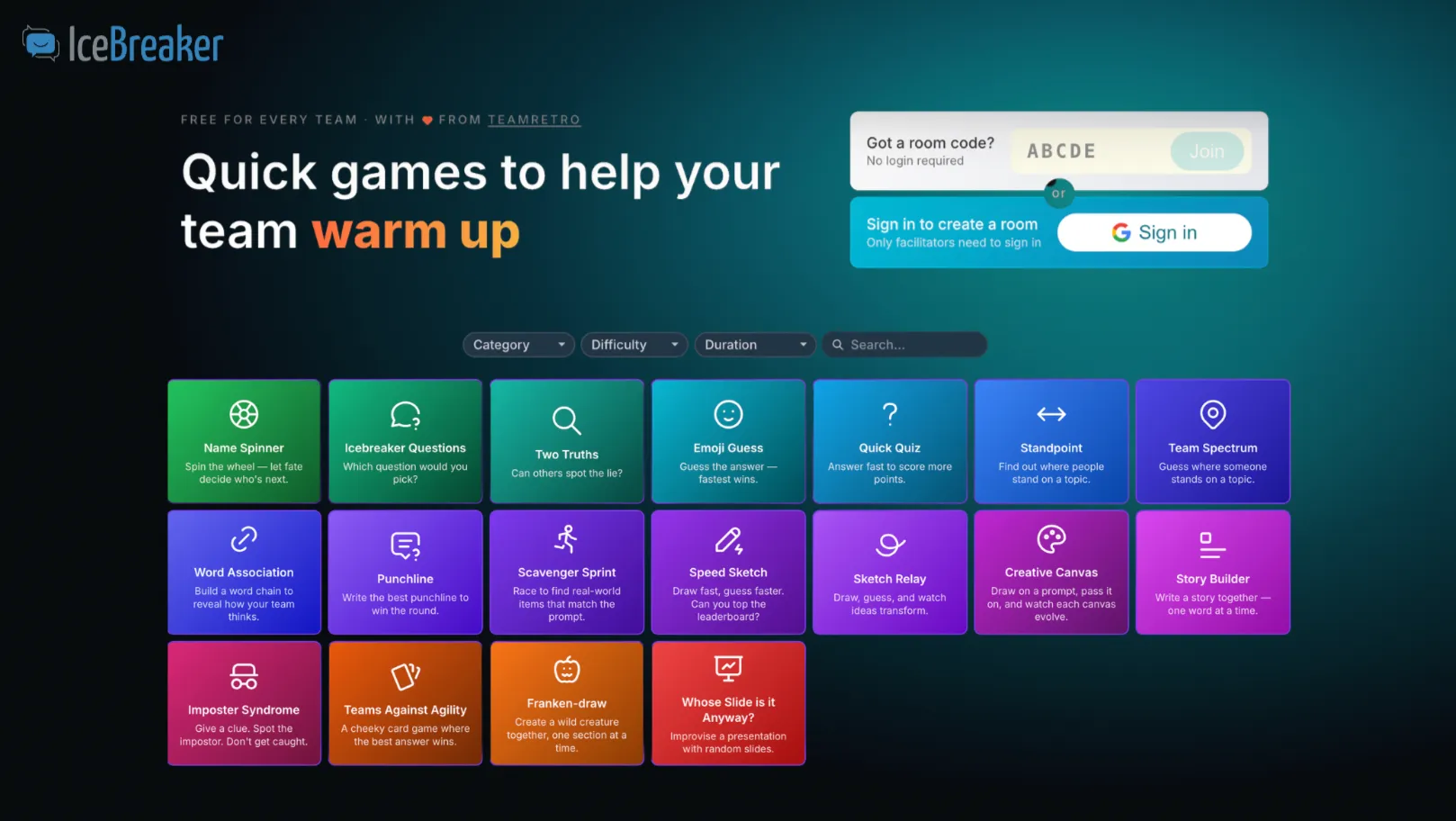 A dashboard of online icebreaker games for teams to choose from and play together