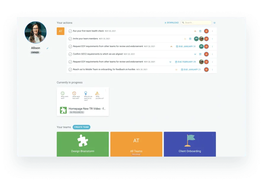 Personal dashboard showing actions, open meetings and teams in TeamRetro