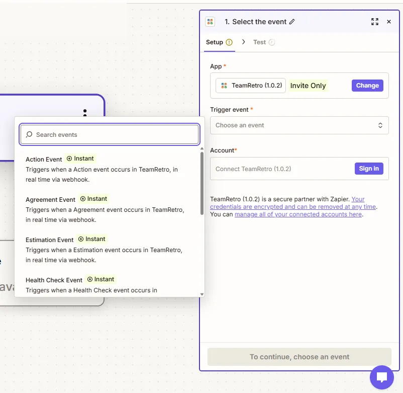 Choosing a TeamRetro trigger event in the Zap editor, with action, agreement, estimation and health check events all marked Instant
