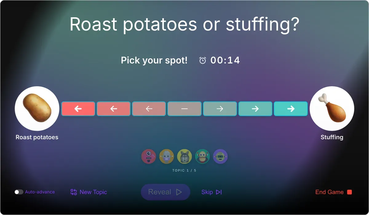 This or That on games.teamretro.com: “Roast potatoes or stuffing?” above a line of seven spots between Roast potatoes and Stuffing, with the countdown running