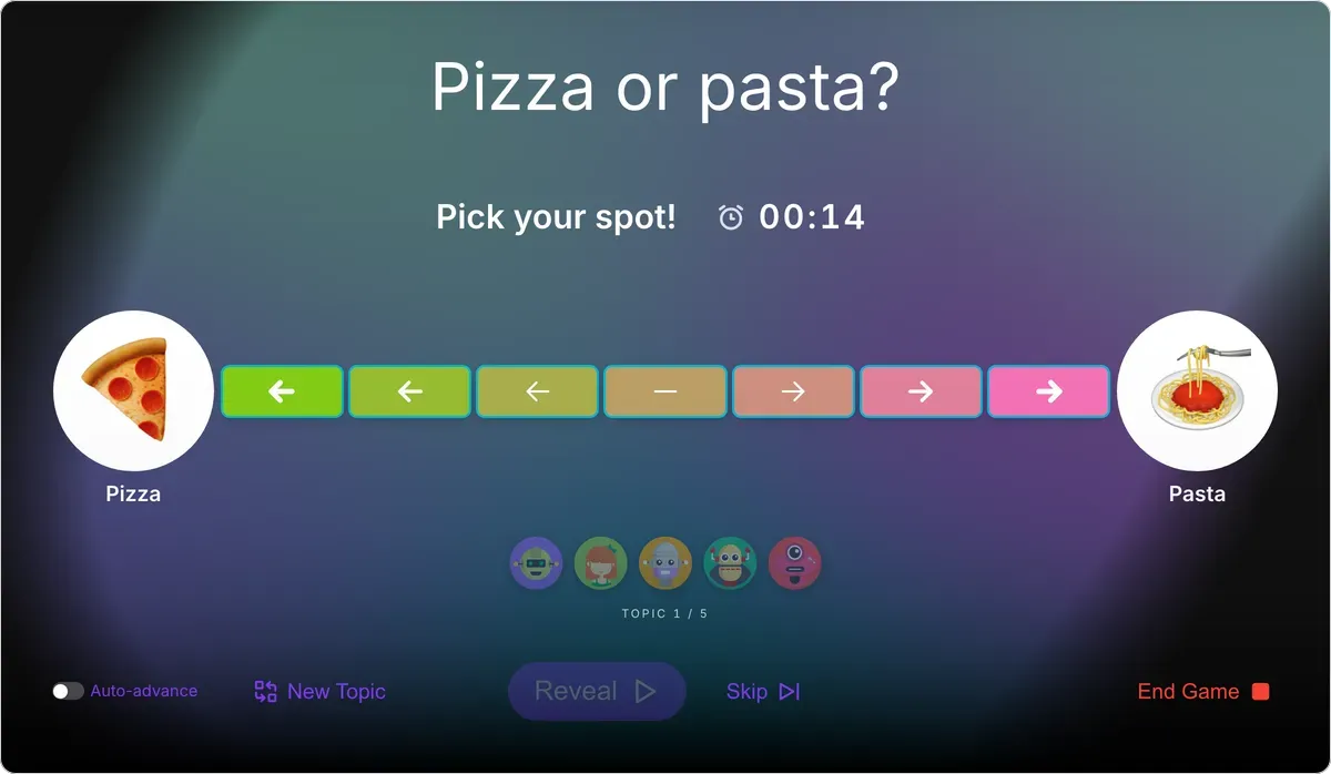 This or That on games.teamretro.com: “Pizza or pasta?” above a line of seven spots between Pizza and Pasta, with the countdown running