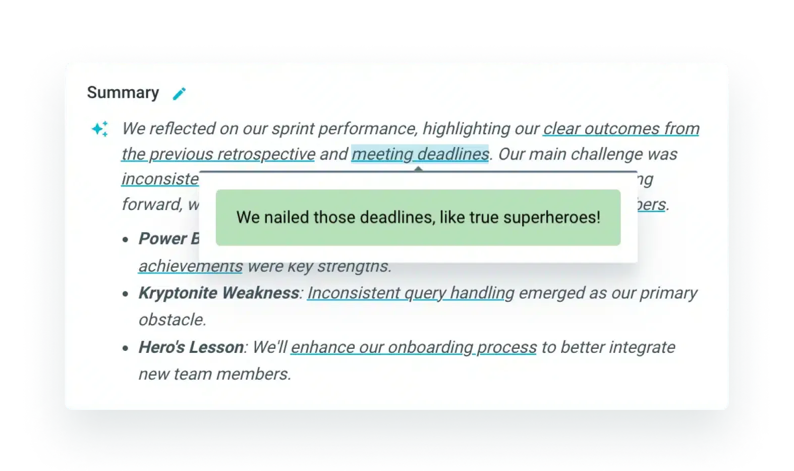 AI suggested actions and meeting summaries in TeamRetro