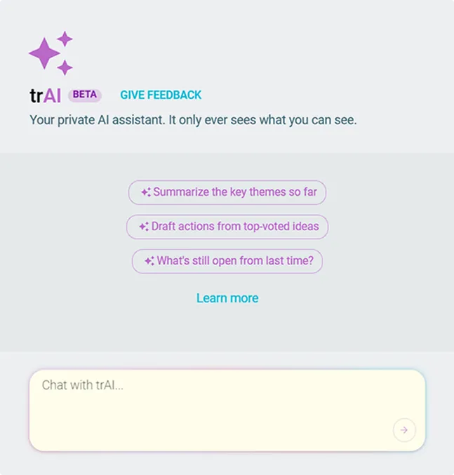 The trAI side panel opening in a retrospective, offering three starting prompts: 'Summarize the key themes so far', 'Draft actions from top-voted ideas' and 'What's still open from last time?'