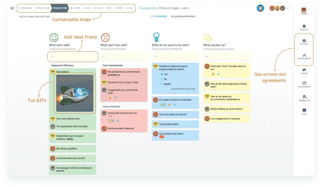 Brainstorm board with customizable steps, free idea input, fun GIFs, and actions and agreements panel highlighted