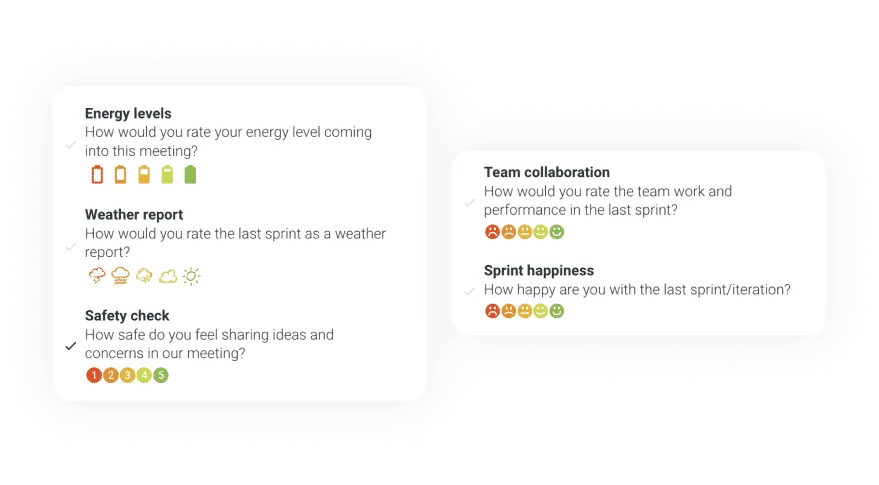 Retrospective check-in question feature to gauge team mood and readiness