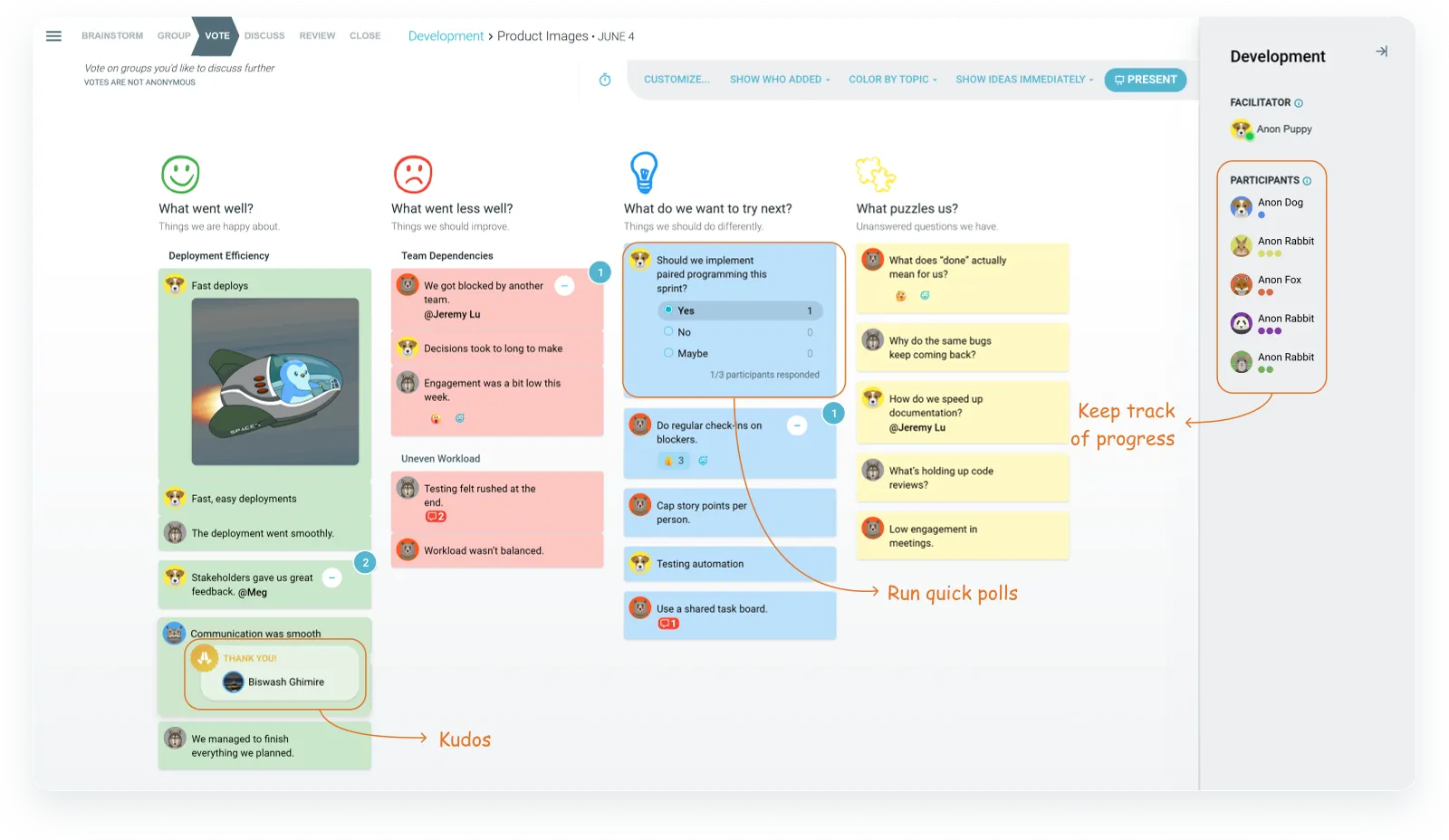 Illustration of engagement and participation features in TeamRetro retrospectives