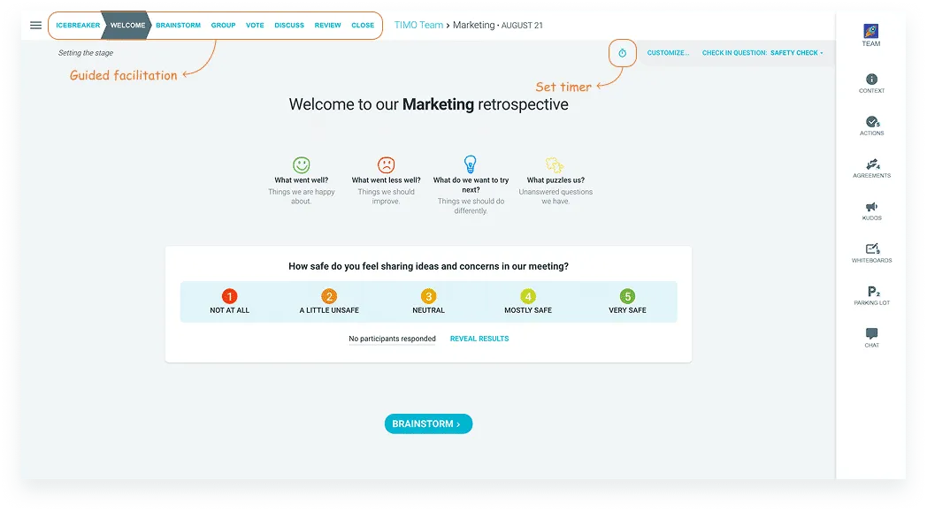 Marketing retrospective welcome screen showing guided facilitation, a safety check-in poll, and four retrospective categories