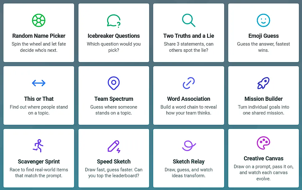 Icebreaker games to choose from in a TeamRetro retrospective, including Random Name Picker, Two Truths and a Lie, This or That, Speed Sketch and Creative Canvas