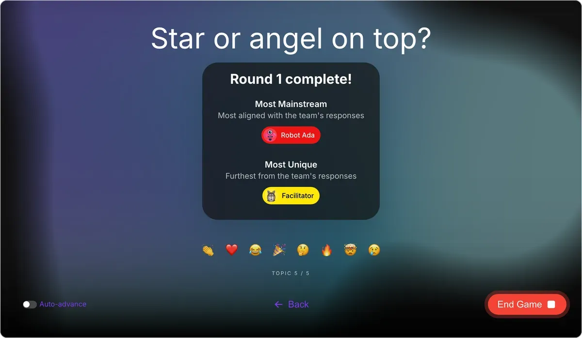 This or That on games.teamretro.com: Round 1 complete, with Robot Ada as Most Mainstream and the facilitator as Most Unique