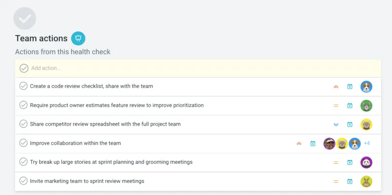 Dashboard met enquêteresultaten van het Scrum-team, met daarin feedback van het team en inzichten in de prestaties