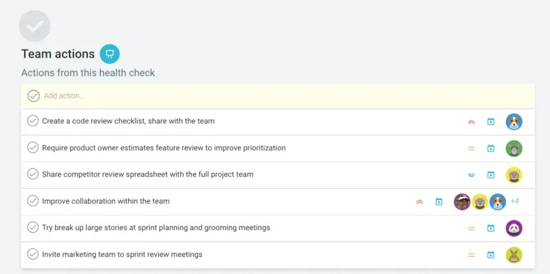 Dashboard met enquêteresultaten van het Scrum-team, waarin feedback van het team en inzichten