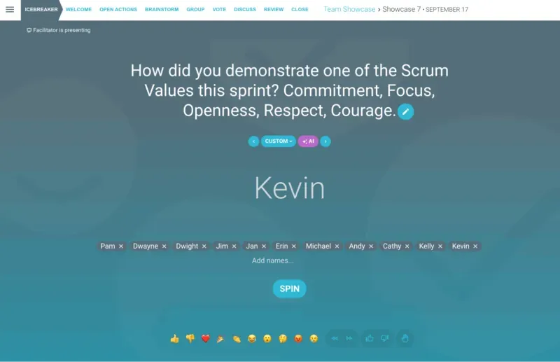 Een ijsbrekeractiviteit rond de Scrum-waarden tijdens TeamRetro, ter bevordering van betrokkenheid en discussie