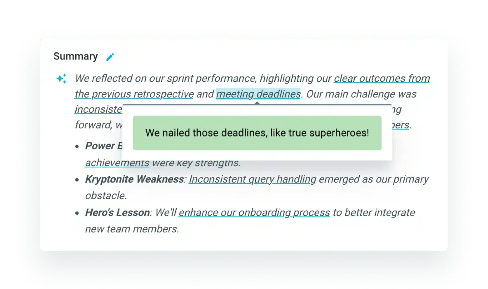 AI-generated meeting summaries and actions in TeamRetro