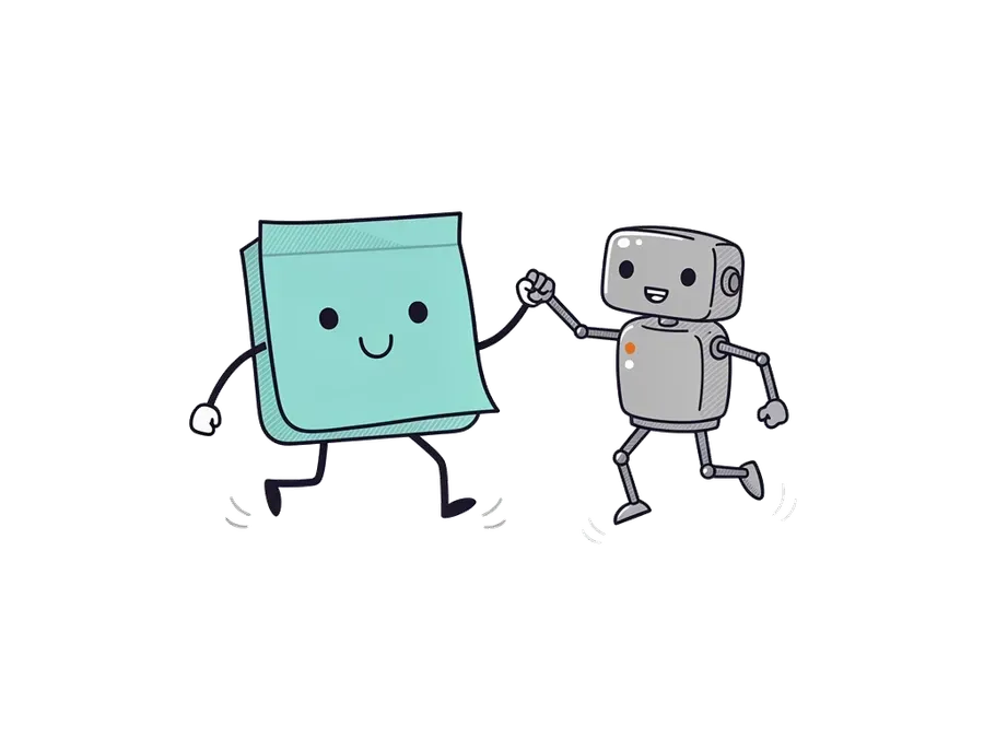 A teal sticky-note character and a small friendly robot fist-bumping, both leaping happily into the air