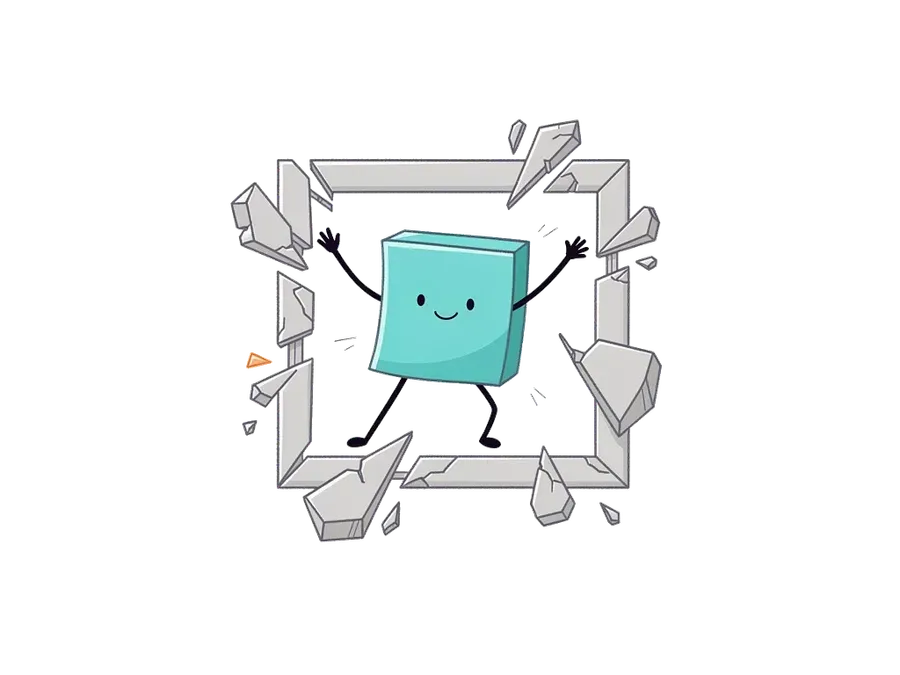 A teal sticky-note character bursting out through a broken square frame