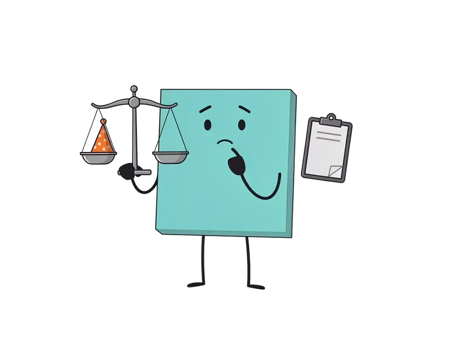 A teal sticky-note character with a thoughtful expression holding a level balance scale with a party hat on one side and a clipboard on the other