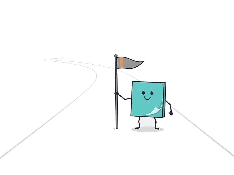 A teal sticky-note character pausing at a flag planted partway along a long winding road