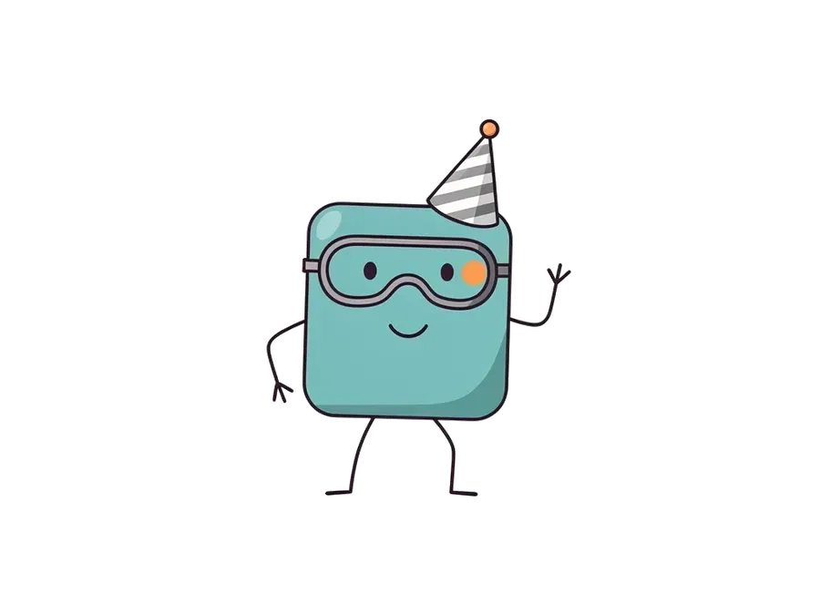 A teal sticky-note character wearing a party mask and party hat