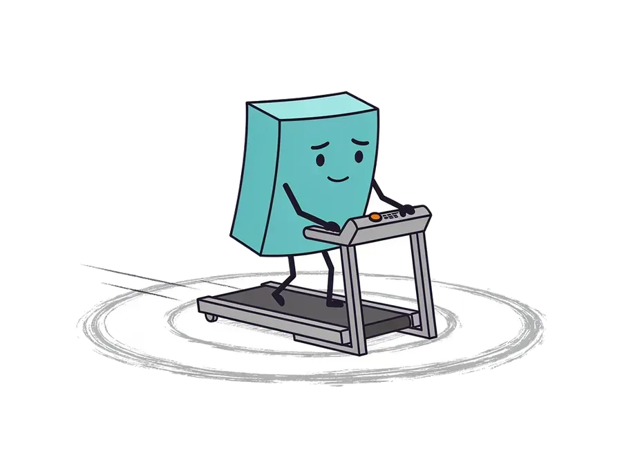 A teal sticky-note character trudging on a treadmill, bored and going through the motions