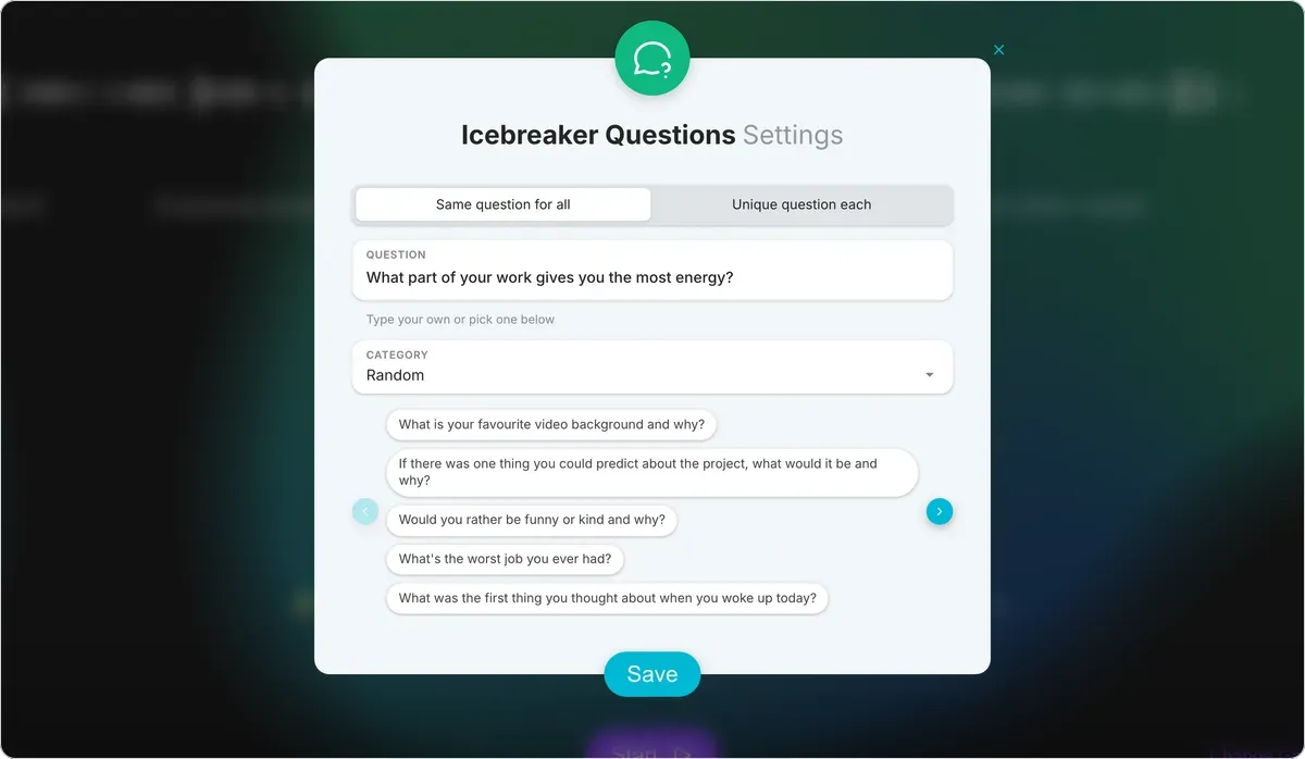 Icebreaker Questions settings on games.teamretro.com: Same question for all selected, with “What part of your work gives you the most energy?” typed into the question box and suggested questions below it