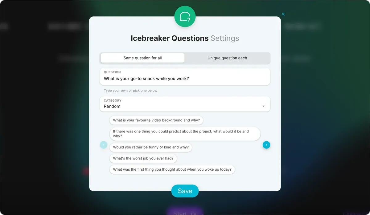 Icebreaker Questions settings on games.teamretro.com: Same question for all selected, with “What is your go-to snack while you work?” typed into the question box and suggested questions below it
