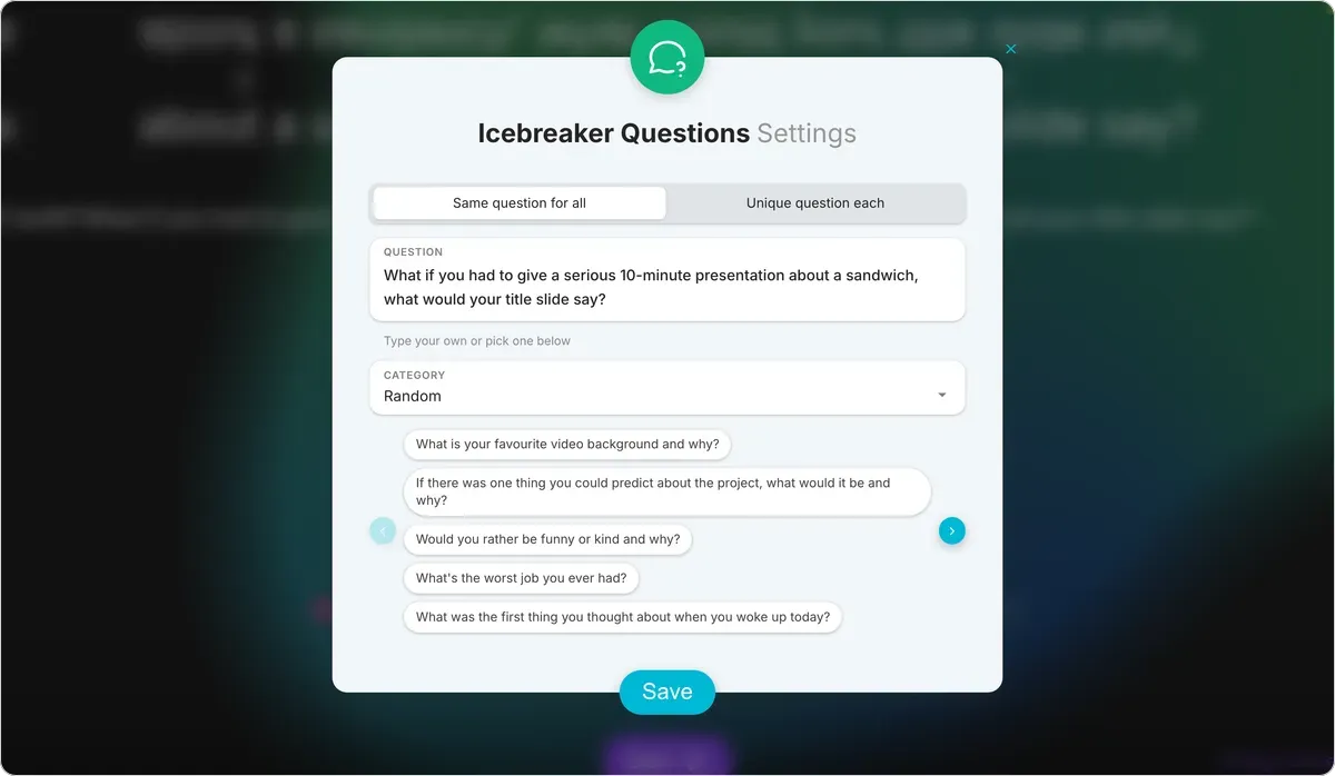 Icebreaker Questions settings on games.teamretro.com: Same question for all selected, with “What if you had to give a serious 10-minute presentation about a sandwich, what would your title slide say?” typed into the question box and suggested questions below it