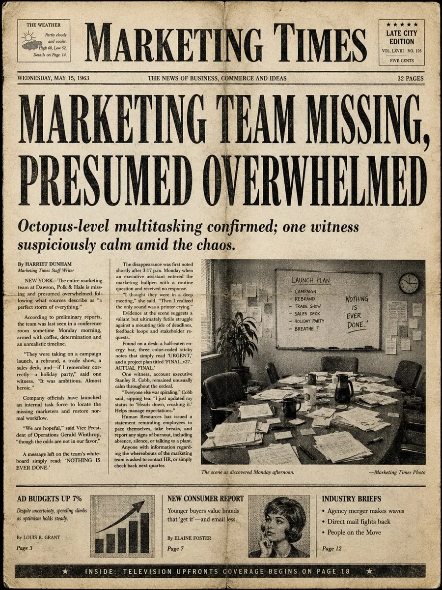 A 1960s newspaper front page generated from our sprint summary, headlined "Marketing team missing, presumed overwhelmed"